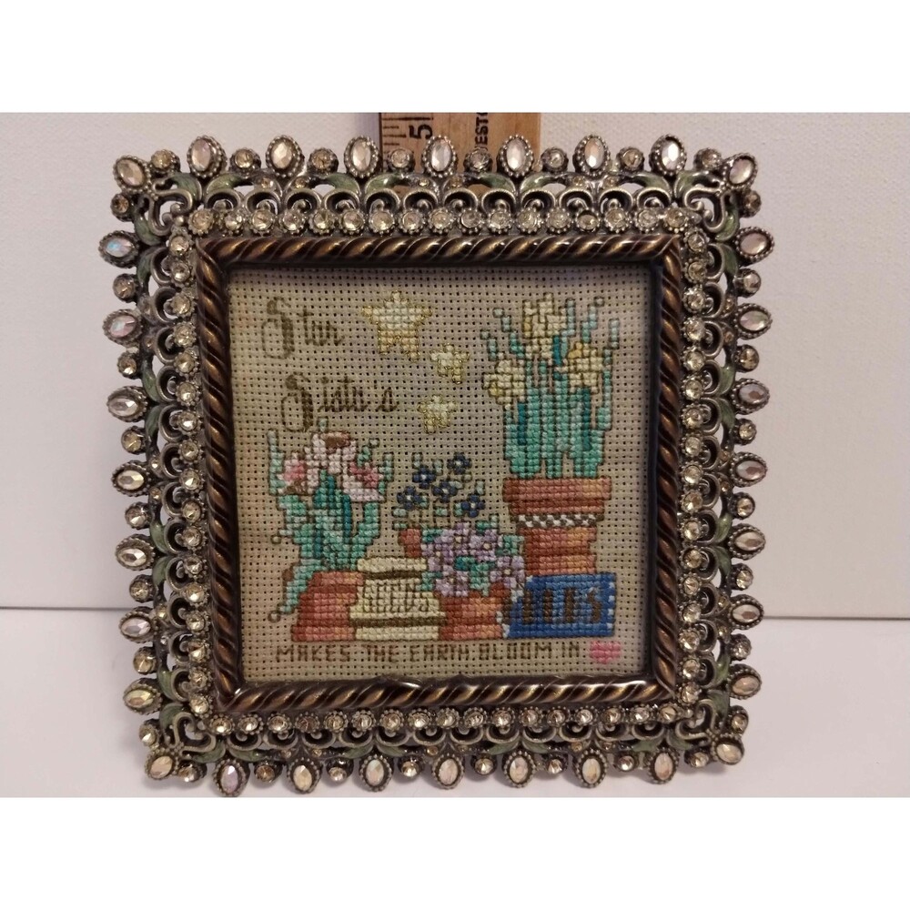 Vtg Cross-Stitch Wall Art Garden Sampler in Ornate Rhinestone Frame